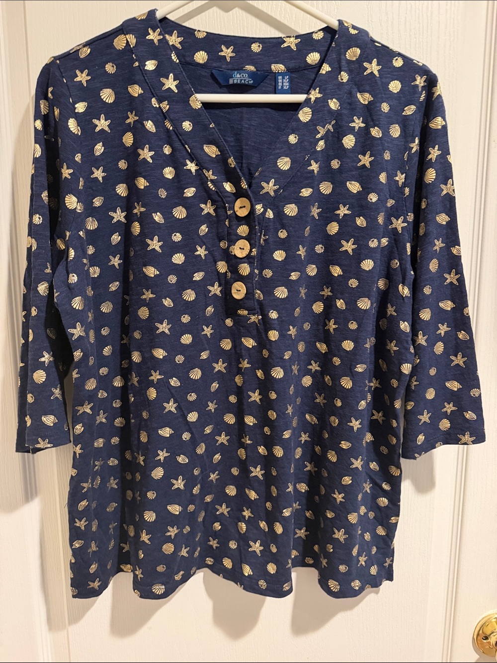 Joules Navy Gold Seashell Print Henley Top - Women's